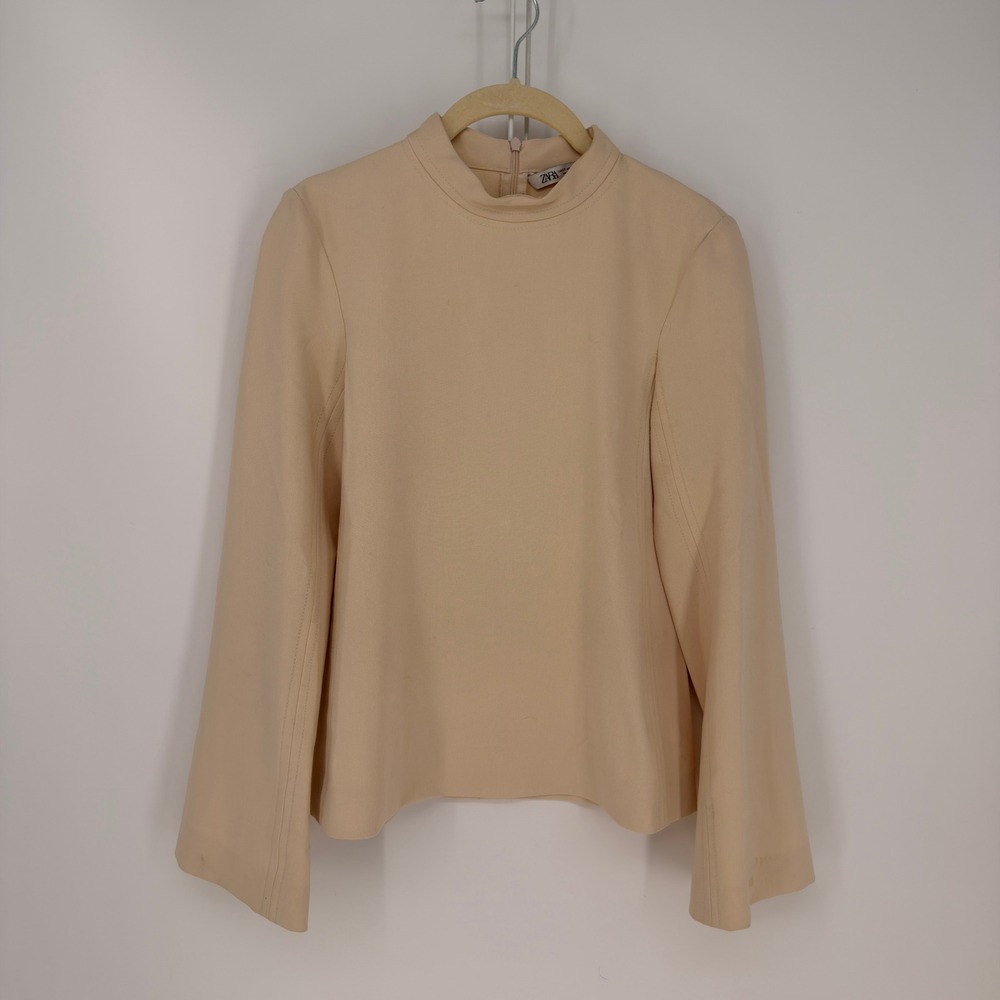 Zara Blouse Womens XS Beige Mock Neck Long Sleeve Slit Cuff Minimalist Luxury